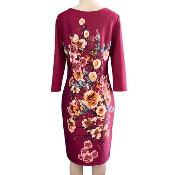 Worthington Maroon Floral Cropped Sleeve Scuba Midi Gold Side Zip Dress Size 12 - Picture 5 of 7